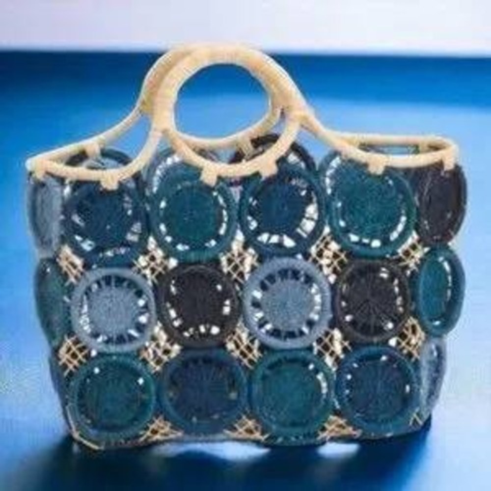 HAT ATTACK Medallion Straw Woven Tote Bag Beach Bag 18X15 Blue